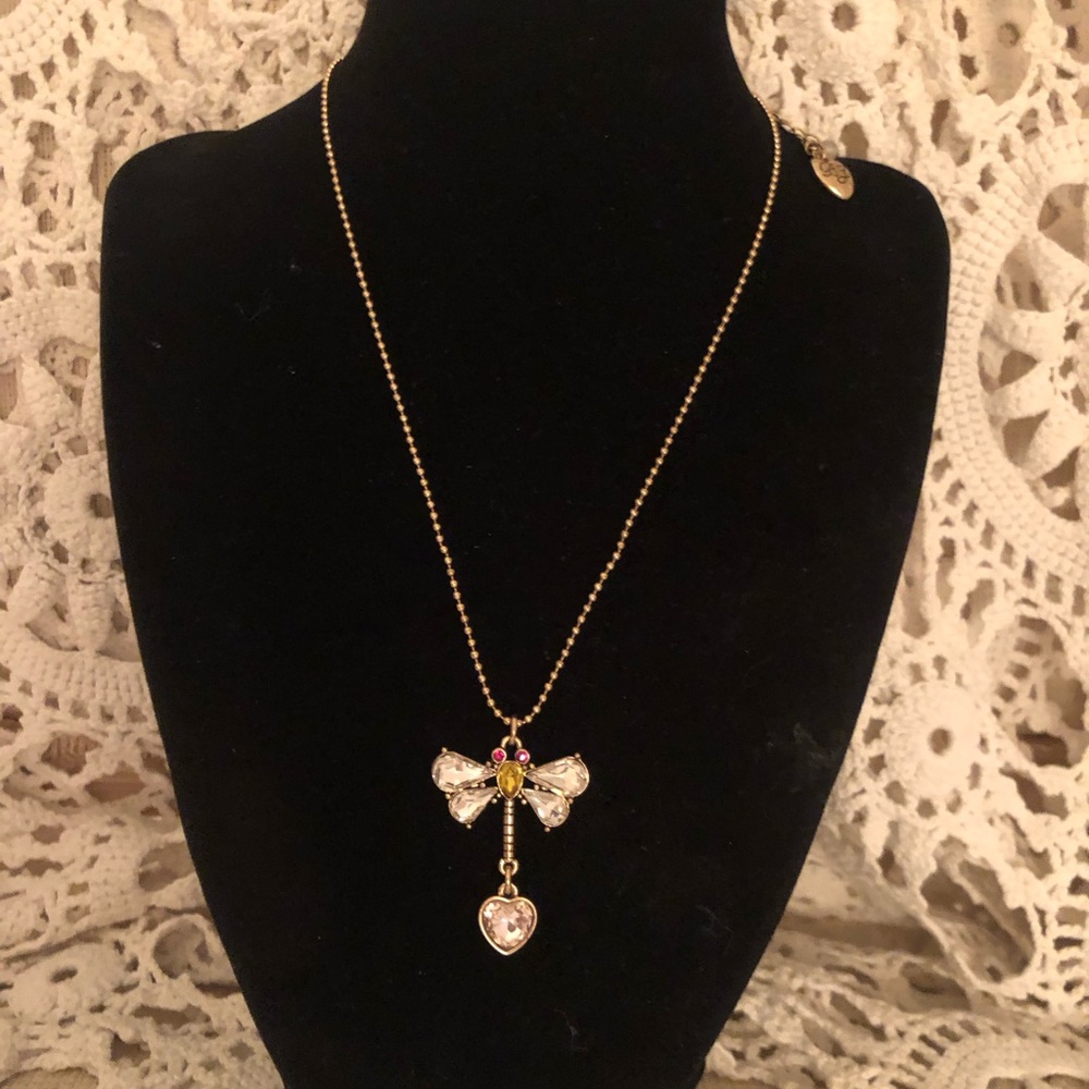 Betsey Johnson Gold Crystal Dragonfly with a Heart Hanging From His Tail